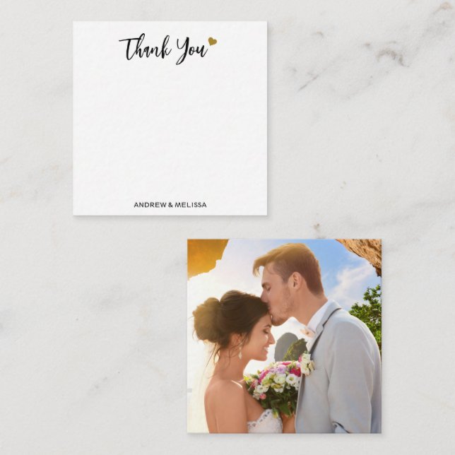 Minimalist Black And Gold Wedding Photo Thank You Note Card (Front/Back)