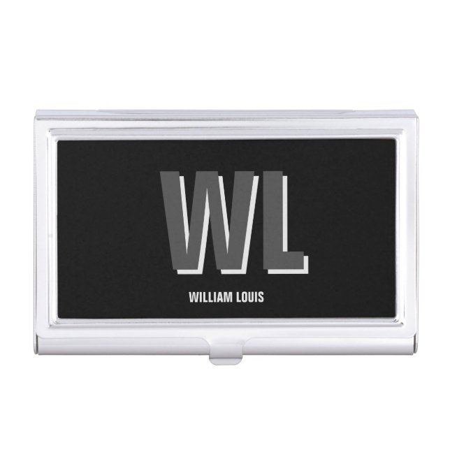 Minimalist Black and Grey Personalized Monogram  Business Card Case (Front)