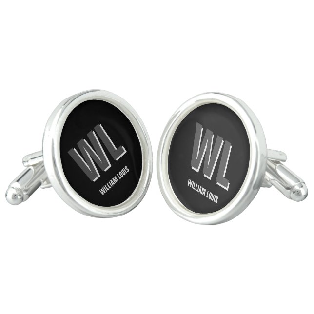 Minimalist Black and Grey Personalized Monogram  Cufflinks (Angled)