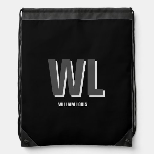 Minimalist Black and Grey Personalized Monogram  Drawstring Bag