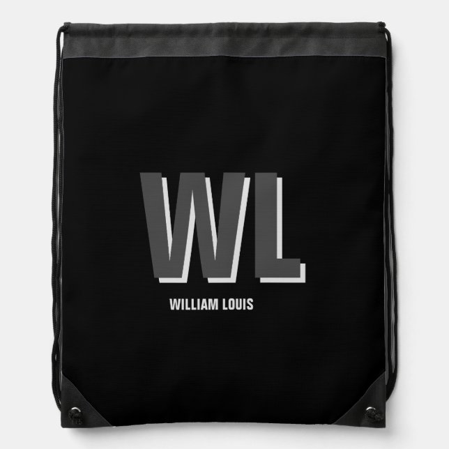 Minimalist Black and Grey Personalized Monogram  Drawstring Bag (Front)