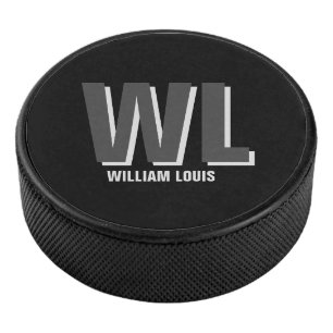 Minimalist Black and Grey Personalized Monogram Hockey Puck