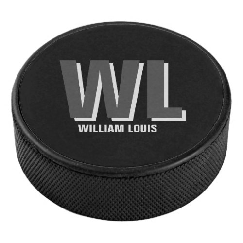 Minimalist Black and Grey Personalized Monogram  Hockey Puck