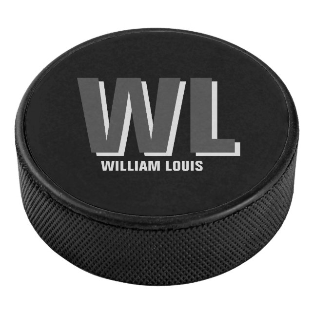 Minimalist Black and Grey Personalized Monogram  Hockey Puck (3/4)