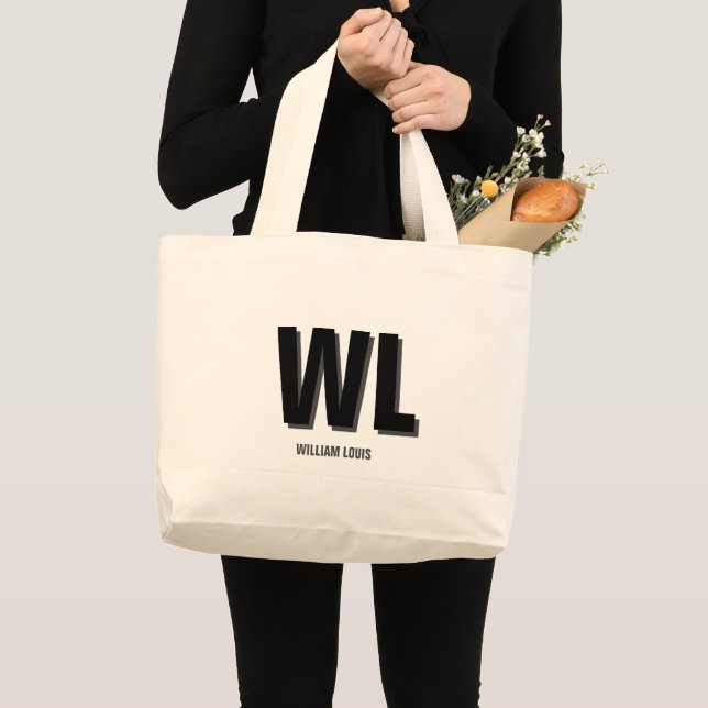 Minimalist Black and Grey Personalized Monogram  Large Tote Bag (Front (Product))