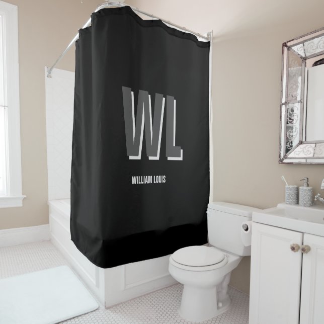 Minimalist Black and Grey Personalized Monogram  Shower Curtain (In Situ)