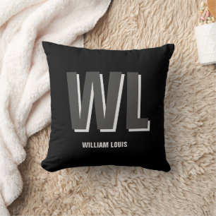 Minimalist Black and Grey Personalized Monogram Throw Pillow