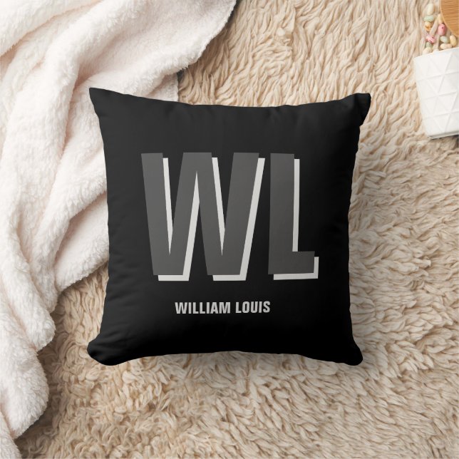 Minimalist Black and Grey Personalized Monogram  Throw Pillow (Blanket)