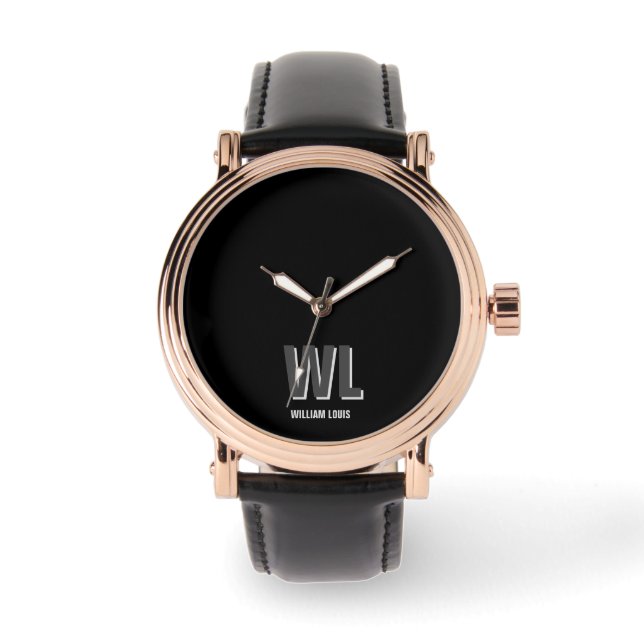 Minimalist Black and Grey Personalized Monogram  Watch (Front)