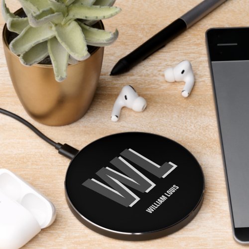 Minimalist Black and Grey Personalized Monogram  Wireless Charger