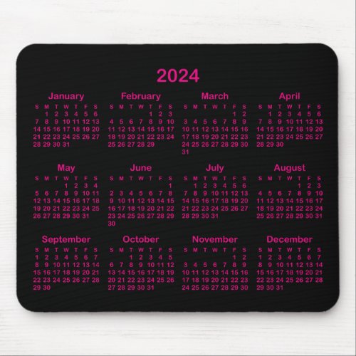 Minimalist Black and Hot Pink 2024 Calendar Mouse Pad
