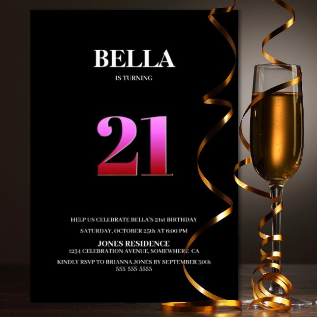 Minimalist Black and Pink 21st Birthday Party Invitation (Creator Uploaded)