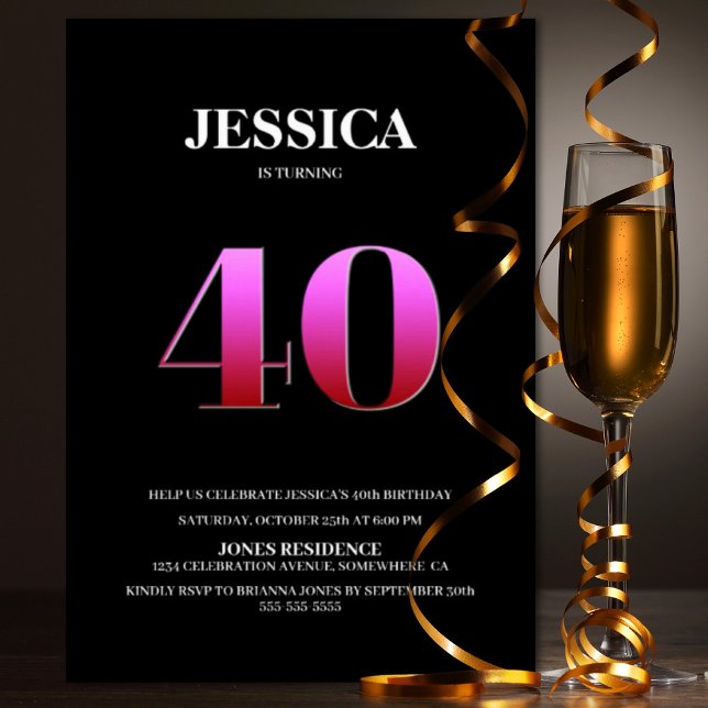Minimalist Black and Pink 40th Birthday Party Invitation (Creator Uploaded)