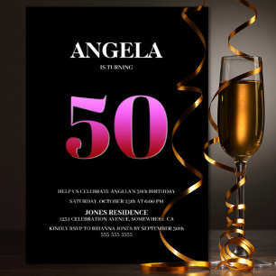 Minimalist Black and Pink 50th Birthday Party Invitation
