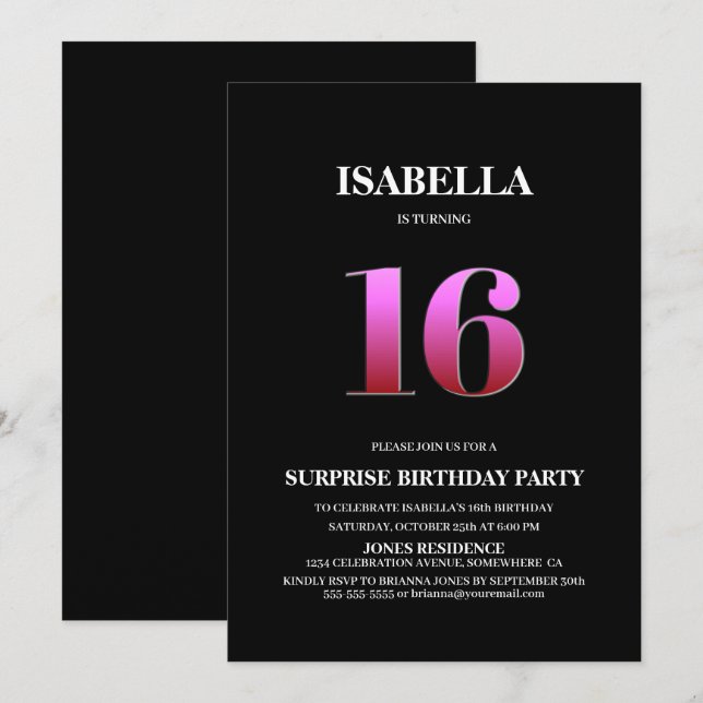 Minimalist Black and Pink Surprise 16th Birthday Invitation (Front/Back)