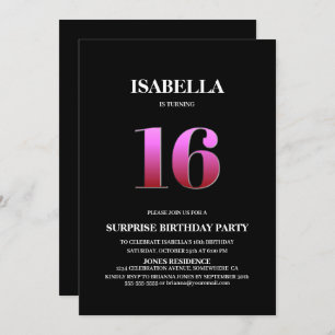 Minimalist Black and Pink Surprise 16th Birthday Invitation