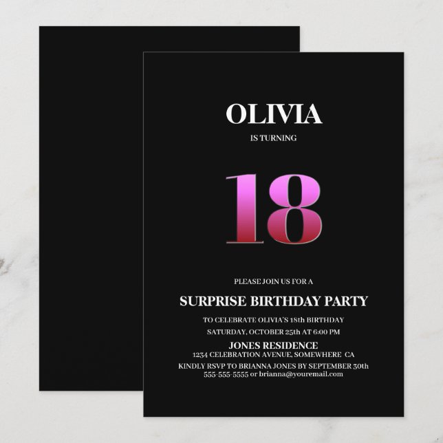 Minimalist Black and Pink Surprise 18th Birthday Invitation (Front/Back)