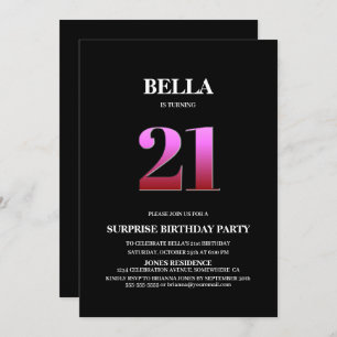 Minimalist Black and Pink Surprise 21st Birthday Invitation