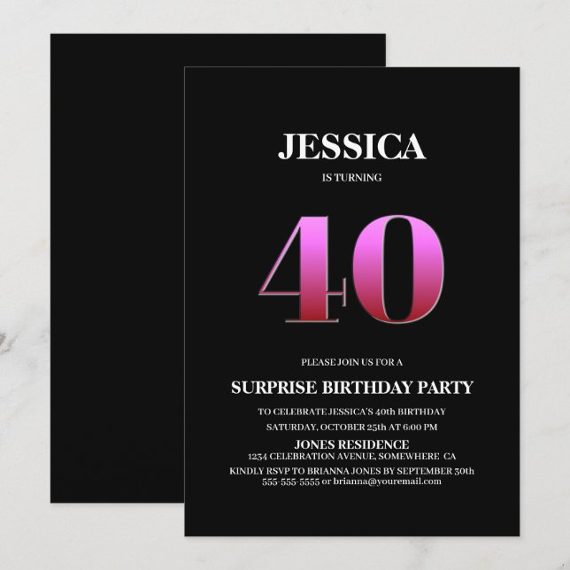 Minimalist Black and Pink Surprise 40th Birthday Invitation (Front/Back)