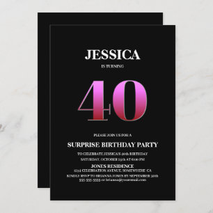 Minimalist Black and Pink Surprise 40th Birthday Invitation