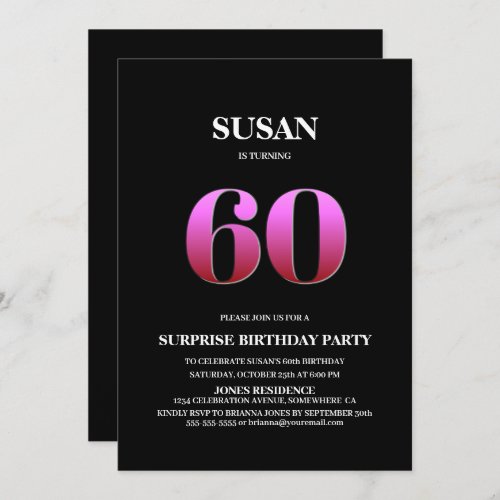 Minimalist Black and Pink Surprise 60th Birthday Invitation