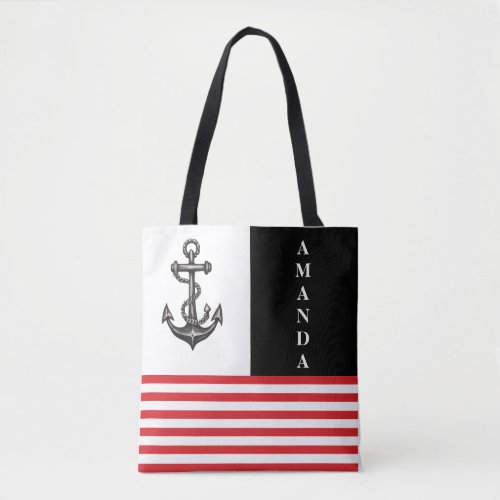 Minimalist Black and Red Anchor Custom Name Tote Bag