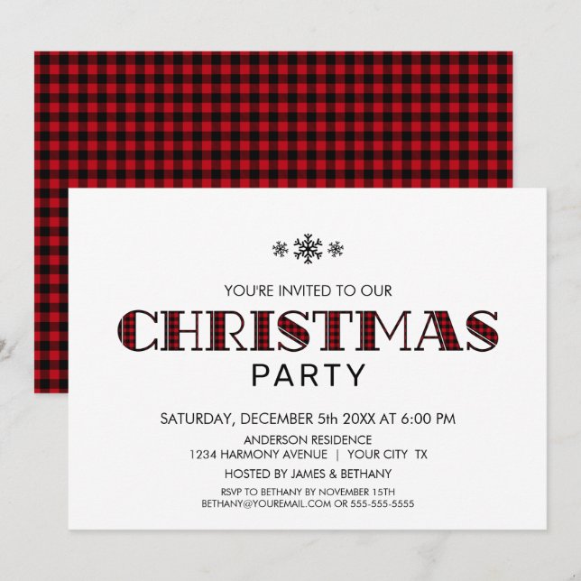Minimalist Black and Red Buffalo Plaid Christmas Invitation (Front/Back)