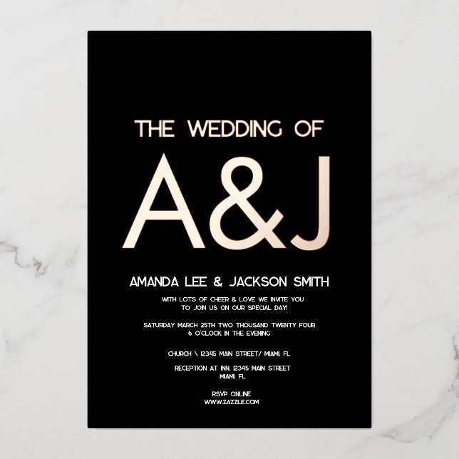 Minimalist Black and Rose Gold Wedding  Foil Invitation (Front)