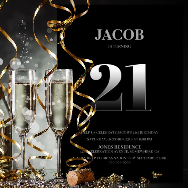 Minimalist Black and Silver 21st Birthday Party Invitation (Creator Uploaded)