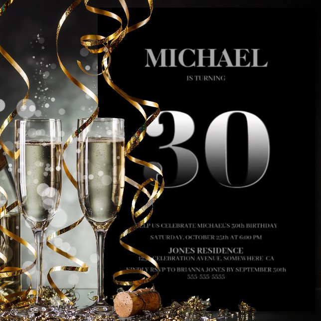 Minimalist Black and Silver 30th Birthday Party Invitation (Creator Uploaded)
