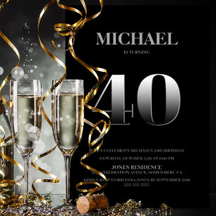 Minimalist Black and Silver 40th Birthday Party Invitation