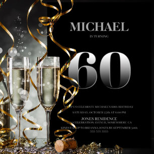 Minimalist Black and Silver 60th Birthday Party Invitation