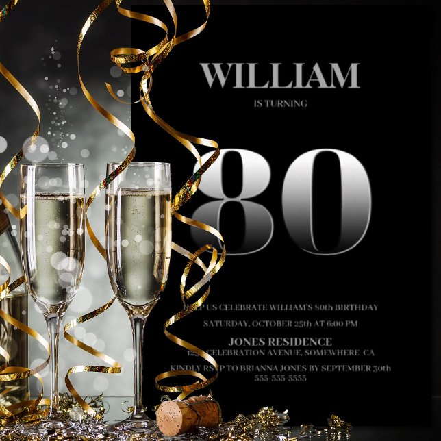 Minimalist Black and Silver 80th Birthday Party Invitation (Creator Uploaded)