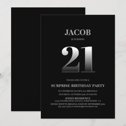 Minimalist Black and Silver Surprise 21st Birthday