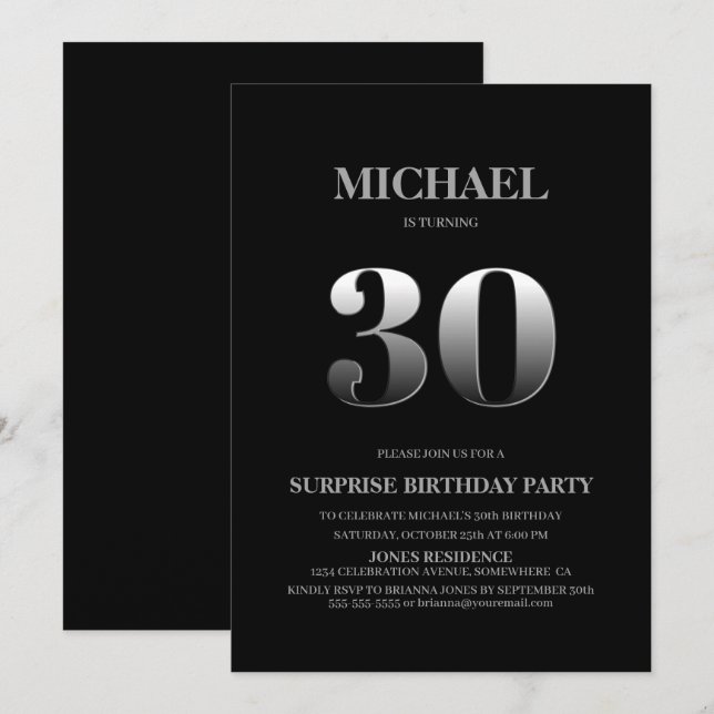 Minimalist Black and Silver Surprise 30th Birthday Invitation (Front/Back)