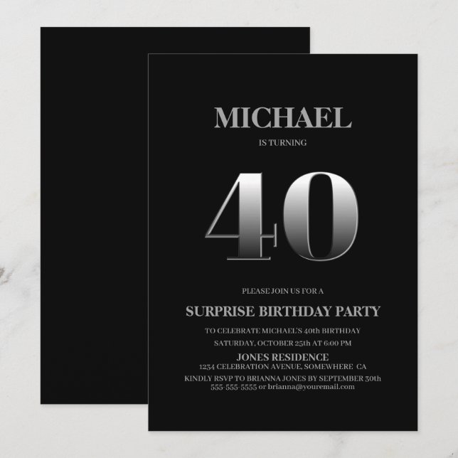 Minimalist Black and Silver Surprise 40th Birthday Invitation (Front/Back)
