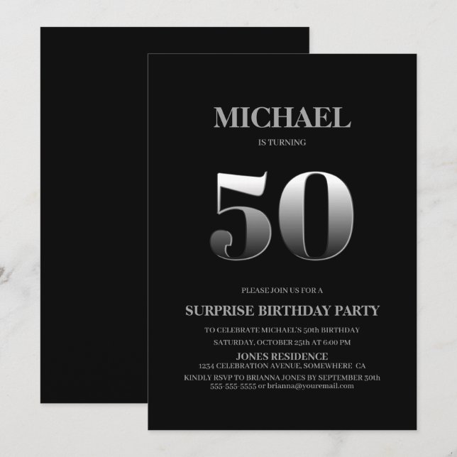 Minimalist Black and Silver Surprise 50th Birthday Invitation (Front/Back)
