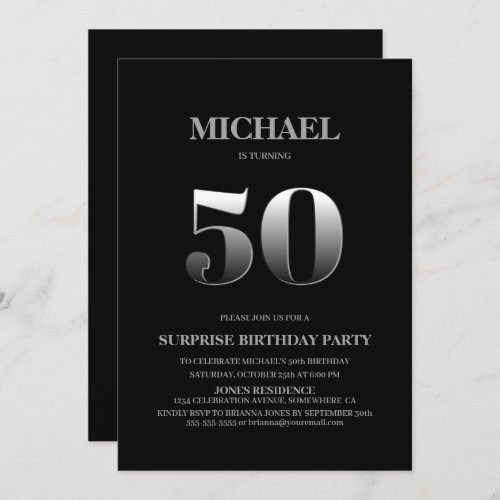 Minimalist Black and Silver Surprise 50th Birthday Invitation