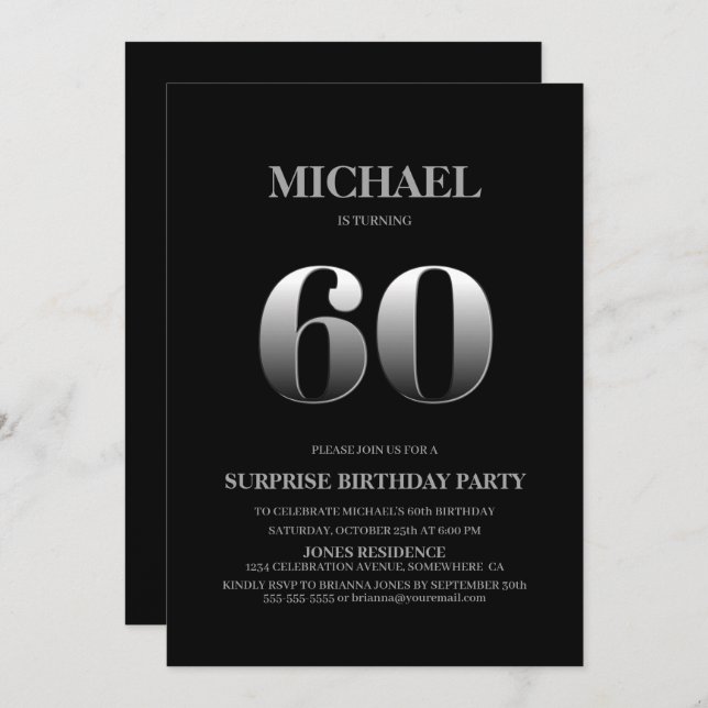 Minimalist Black and Silver Surprise 60th Birthday Invitation (Front/Back)