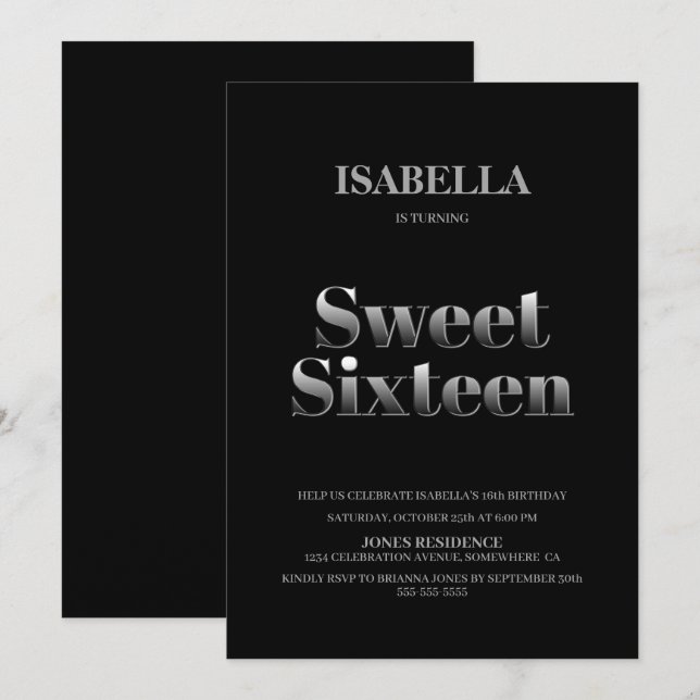 Minimalist Black and Silver Sweet 16 Birthday Invitation (Front/Back)