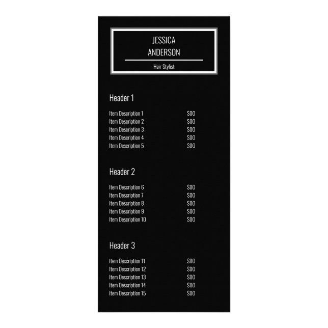 Minimalist Black and White 2-sided Hair Stylist Rack Card (Front)