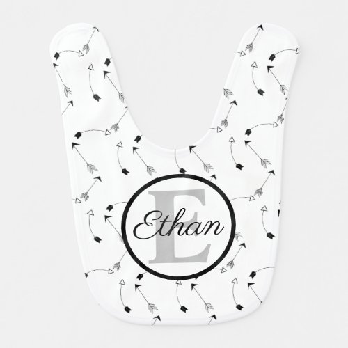 Minimalist Black and White arrows pattern Monogram Baby Bib