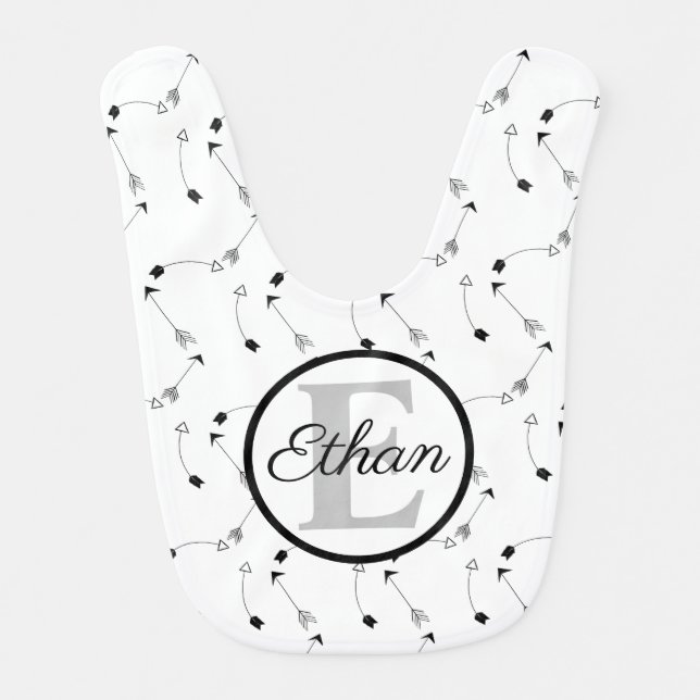 Minimalist Black and White arrows pattern Monogram Baby Bib (Front)