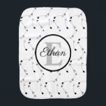 Minimalist Black and White arrows pattern Monogram Baby Burp Cloth<br><div class="desc">Minimalist Adventure themed monogram features cute little black arrows pattern on a white background. Personalize the Big Letter and the texts to suit your needs. It makes a great baby shower gift set along with baby blanket and baby bib.</div>