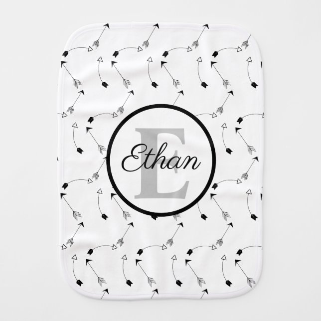 Minimalist Black and White arrows pattern Monogram Baby Burp Cloth (Front)