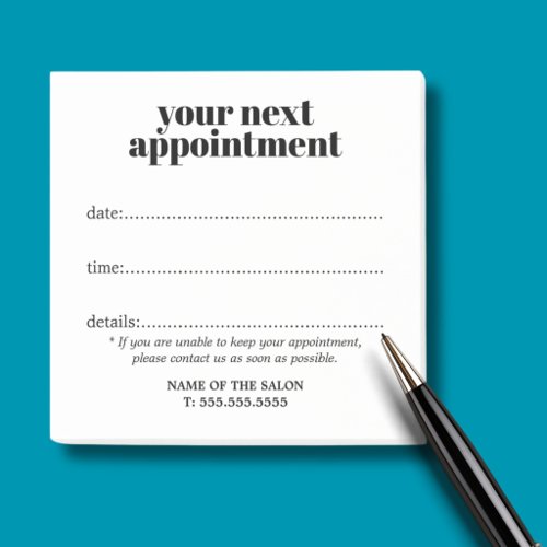 Minimalist Black and White Bold Salon Appointment Post-it Notes