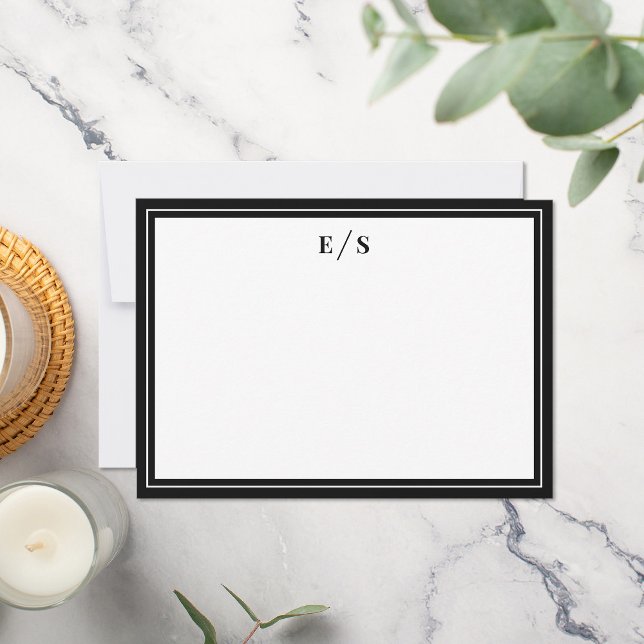 Minimalist Black and White Border Monogram Note Card (Creator Uploaded)
