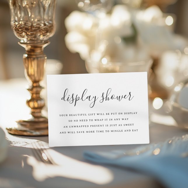 Minimalist Black and White Bridal Display Shower Enclosure Card (A minimalist black and white display shower card on an elegant, decorative table.)
