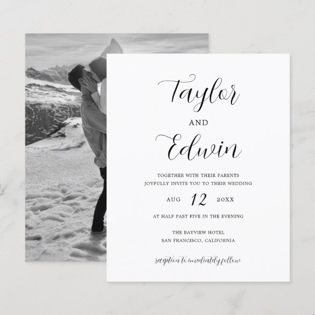 Minimalist Black and White Budget Wedding Invite (Front/Back)