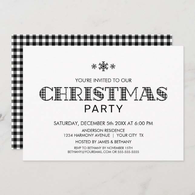 Minimalist Black and White Buffalo Plaid Christmas Invitation (Front/Back)